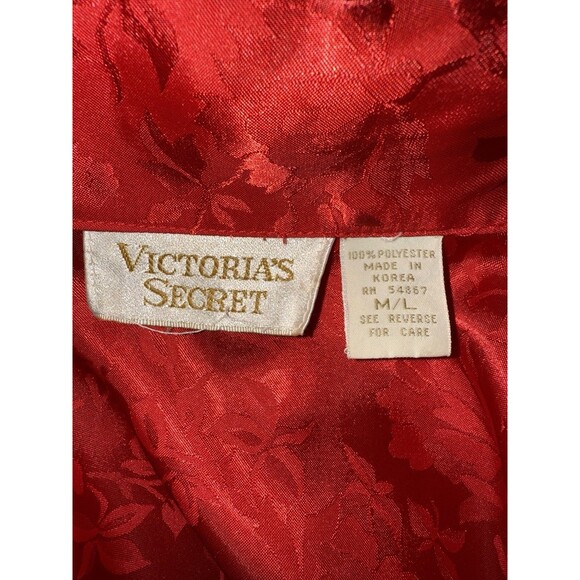 VTG Victoria’s Secret Red Floral Satin Robe M/L Korea Silky Wrap Belted Lounge - Picture 9 of 11